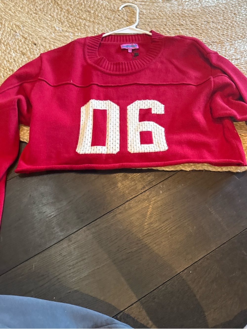 Edikted Red Cropped Crew Sweater with White '06' Accent